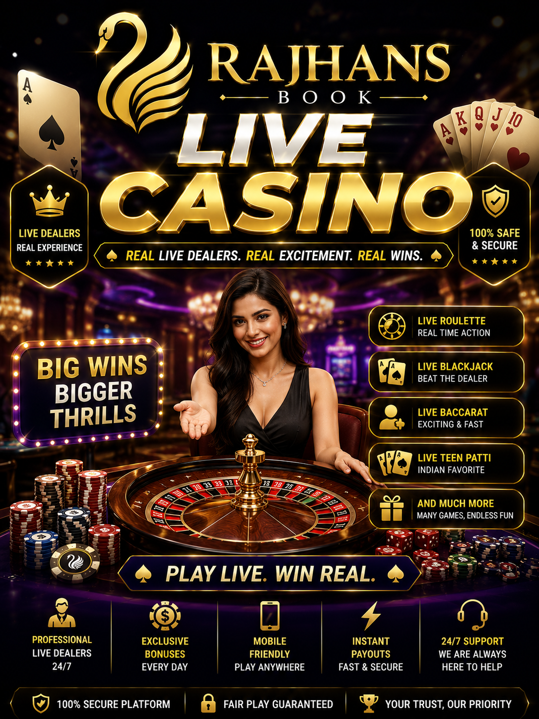Luxury live casino table lit by warm studio pendants